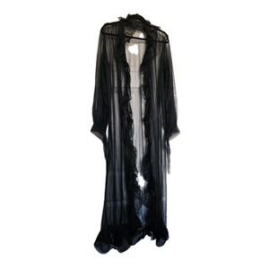Vtg Faris Black Sheer Chiffon Glam Ruffle Maxi Goth Witchy Chic Peignoir Robe